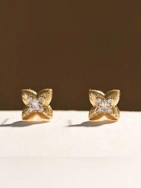 Gold Floral CZ Stud Earrings - Women Jewelry